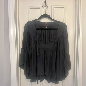 Free People Tiered Peasant Top Bell Sleeves Dark Grey